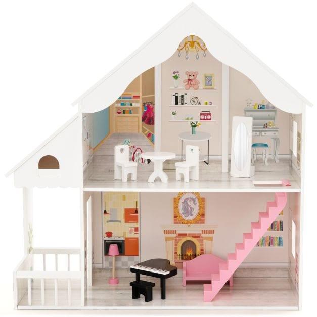 Wooden Dollhouse with Simulated Rooms and Furniture Set - Little and Giant Explorers Costway