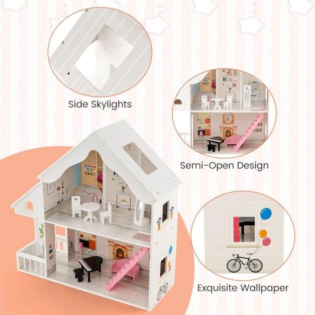 Wooden Dollhouse with Simulated Rooms and Furniture Set - Little and Giant Explorers Costway