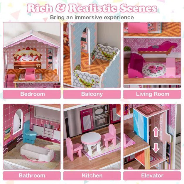 Wooden Dollhouse with Simulated Rooms and Furniture Set - Little and Giant Explorers Costway