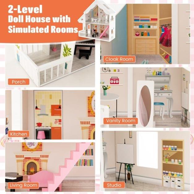 Wooden Dollhouse with Simulated Rooms and Furniture Set - Little and Giant Explorers Costway