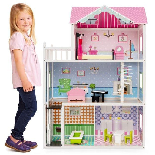 Wooden Dollhouse with Working Lift and Rotatable Staircase - Little and Giant Explorers Costway