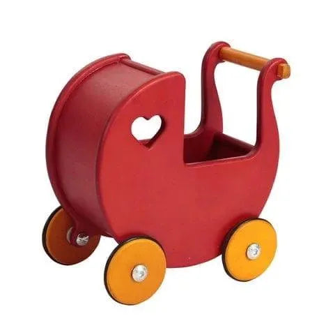 Cherry red wooden doll pram with heart cutout and yellow wheels for toddlers