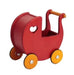 Cherry red wooden doll pram with heart cutout and yellow wheels for toddlers