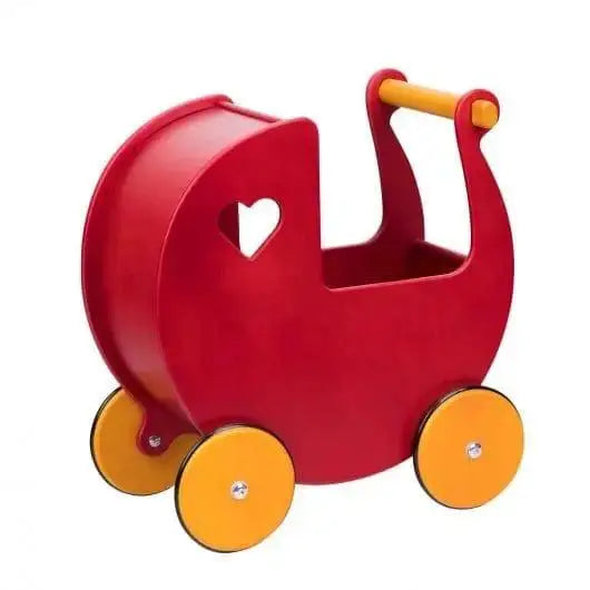 Cherry red wooden dolls pram with yellow wheels and heart cutout, push toy for toddlers