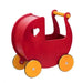 Cherry red wooden dolls pram with yellow wheels and heart cutout, push toy for toddlers