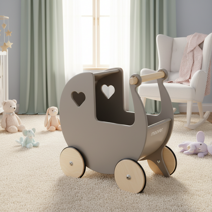 Wooden Dolls Pram in Grey - Little and Giant Explorers Moover