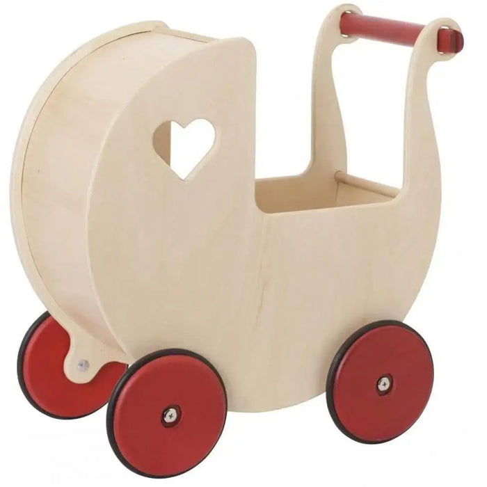 Wooden dolls pram in natural birch veneer with red wheels and heart-shaped cutout