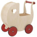Wooden dolls pram in natural birch veneer with red wheels and heart-shaped cutout