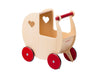 Wooden dolls pram in natural birch veneer with red wheels and heart cutouts