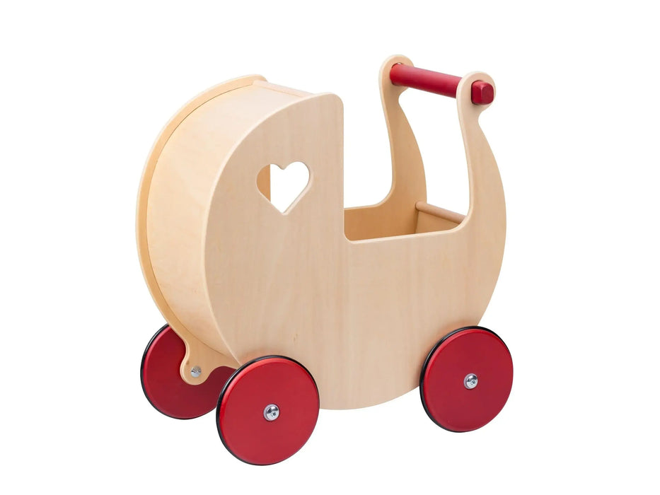Natural birch wooden dolls pram with red wheels and a heart cutout, heirloom push toy