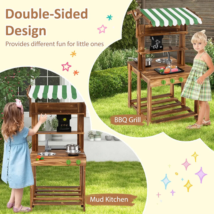 Wooden Double-Sided Mud Kitchen and BBQ Grill | Chalkboard and Accessories COSTWAY - Little and Giant Explorers Costway