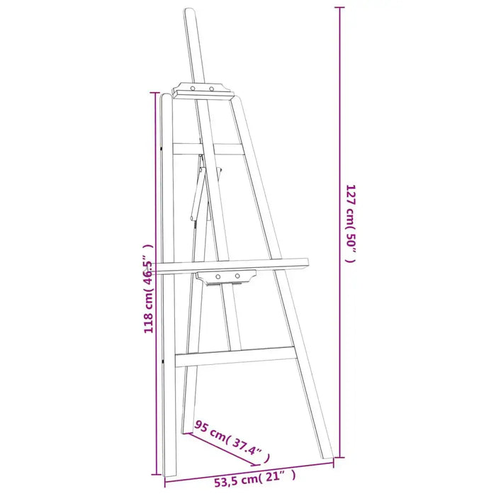 Line drawing of wooden easel stand with handle and height measurements in centimeters and inches.