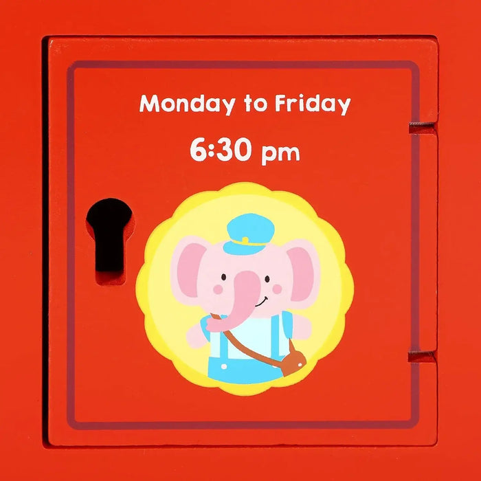 Red door with a cartoon elephant character and text on a red background