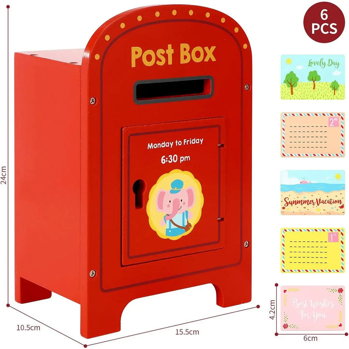 Red toy post box with a cartoon elephant character and included postcards on a white background.