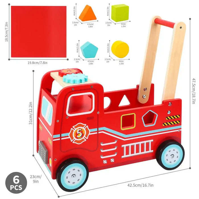 Red toy fire truck with wooden handle and shape sorting blocks, including measurements.