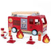 Wooden fire engine toy playset with four firefighter figurines, ladder, cones, and flames.