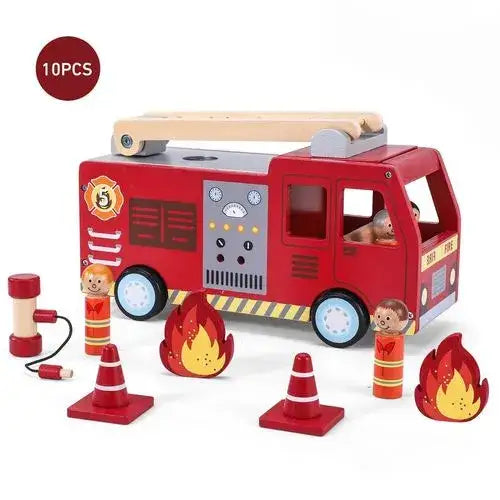 Wooden fire engine truck playset with ladder, firefighter figurines, flames, and cones