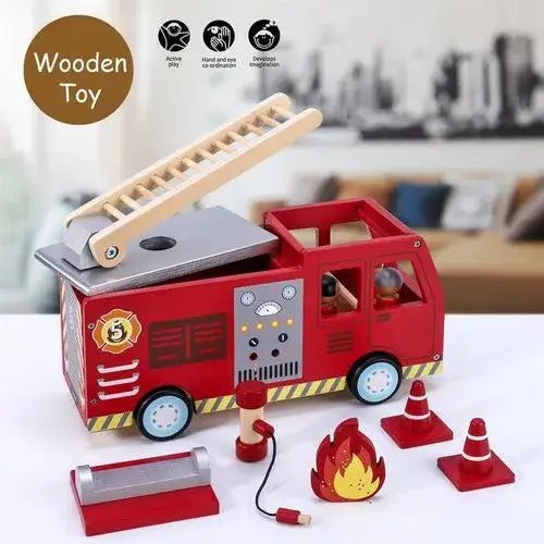 Wooden fire engine playset with ladder, four firefighter figurines, cones, and fire sign