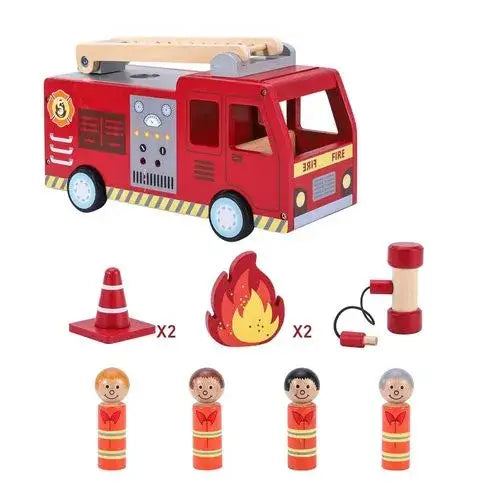 Wooden fire engine toy truck playset with ladder, four firefighter figurines, fire accessories