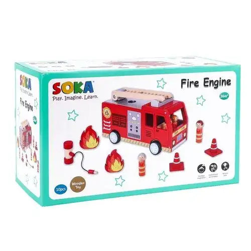 SOKA wooden fire engine truck playset box with firefighter figurines, ladder, and accessories.