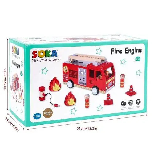 Wooden fire engine truck playset with ladder, 4 figurines, flames, and accessories in box