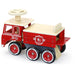 Wooden fire truck ride-on toy in red and natural beech wood with safety anti-tilt design