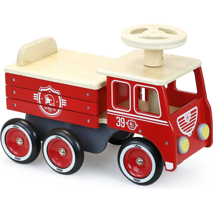 Wooden fire truck ride-on toy in red and natural beech wood with safety features, Vilac