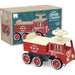 Wooden ride-on fire truck toy with red wheels shown in front of Vilac branded box