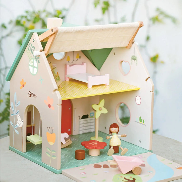 Wooden flower cottage dollhouse with folding sunroof, garden wall, swing, furniture, and doll