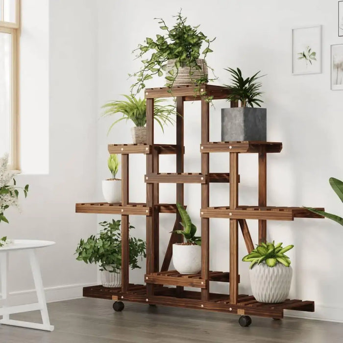 Wooden flower stand with wheels displaying potted plants in a bright living room