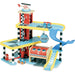 Colorful wooden three-level toy garage playset with cars, ramp, and helicopter for kids.