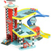 Wooden three-level toy garage playset for children with ramps, cars, and rescue helicopter.