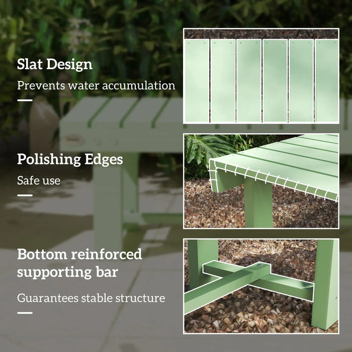 Light green solid fir wood outdoor garden bench with slat design, polished edges, and reinforced support bar