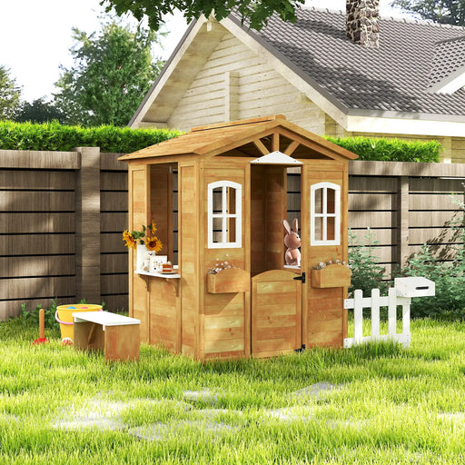 Wooden garden playhouse cottage with bench, mailbox, serving station, and toy decor