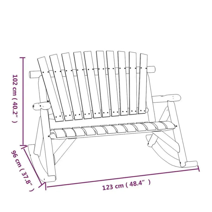 Adirondack-style wooden garden rocking bench dimensions in cm and inches, line drawing