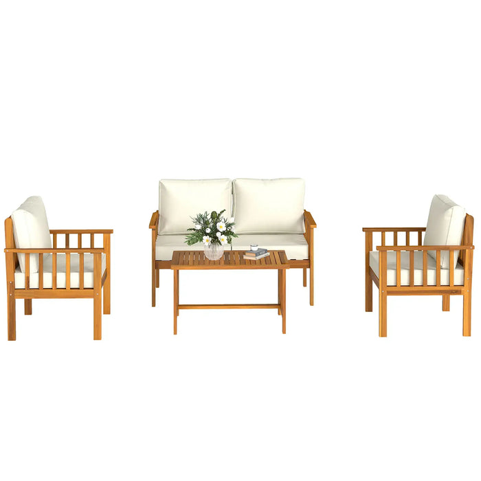 Wooden Garden Sofa Set Teak | 4-Piece Acacia Wood Outdoor Furniture with Thick Cushions - Little and Giant Explorers Outsunny