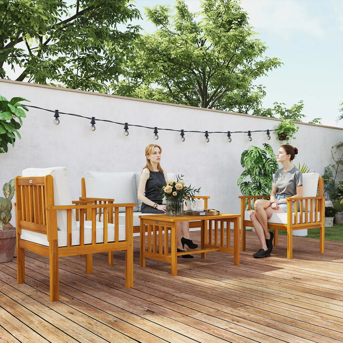 Wooden Garden Sofa Set Teak | 4-Piece Acacia Wood Outdoor Furniture with Thick Cushions - Little and Giant Explorers Outsunny