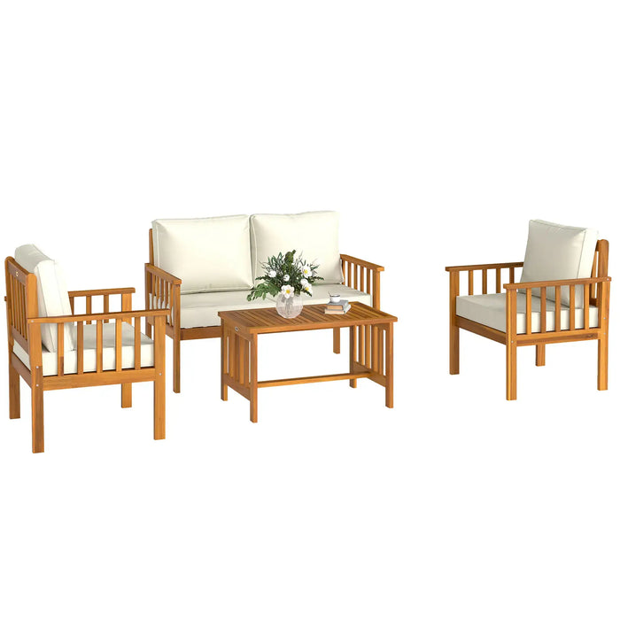 Wooden Garden Sofa Set Teak | 4-Piece Acacia Wood Outdoor Furniture with Thick Cushions - Little and Giant Explorers Outsunny
