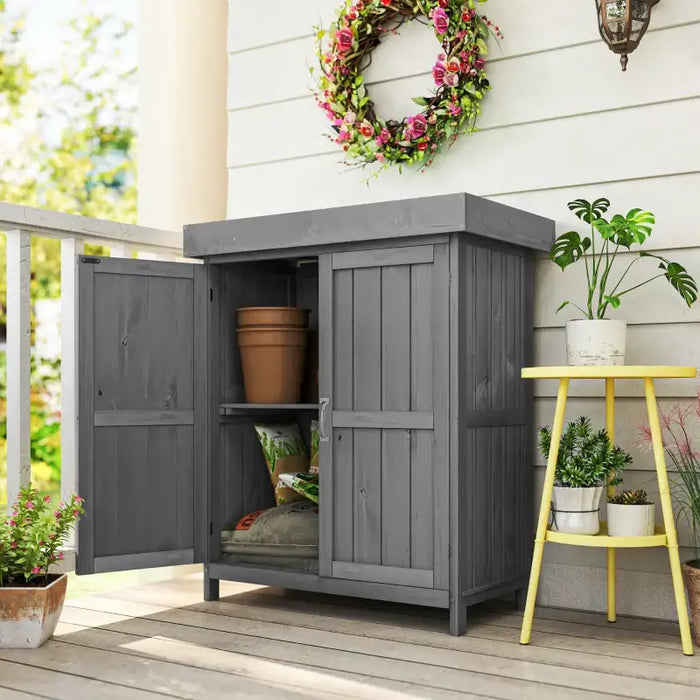 Wooden Garden Storage Shed – Dark Grey Fir Wood | Hinged Roof - Double Doors OUTSUNNY - Little and Giant Explorers Outsunny