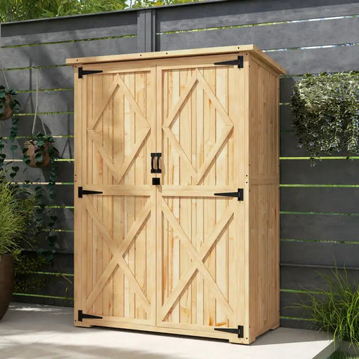 Wooden Garden Storage Shed – Natural Finish | Double Doors - Shelves OUTSUNNY - Little and Giant Explorers Outsunny