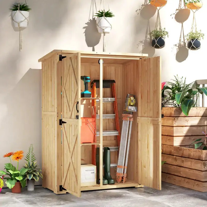 Wooden Garden Storage Shed – Natural Finish | Double Doors - Shelves OUTSUNNY - Little and Giant Explorers Outsunny