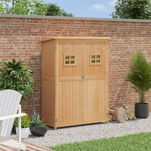 Wooden Garden Storage Shed – Natural Fir Wood | 3 Shelves and Large Tool Compartment OUTSUNNY - Little and Giant Explorers Outsunny