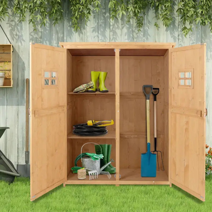 Wooden Garden Storage Shed – Natural Fir Wood | 3 Shelves and Large Tool Compartment OUTSUNNY - Little and Giant Explorers Outsunny