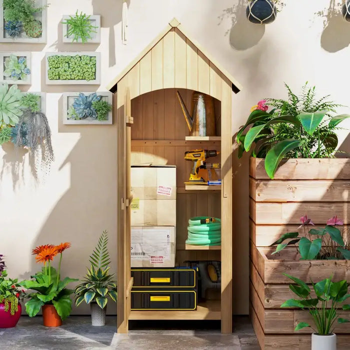 Garden Storage Shed – Fir Wood Outdoor Tool Cabinet | Bitumen Roof with Multi-Tier Layout OUTSUNNY - Little and Giant Explorers Outsunny