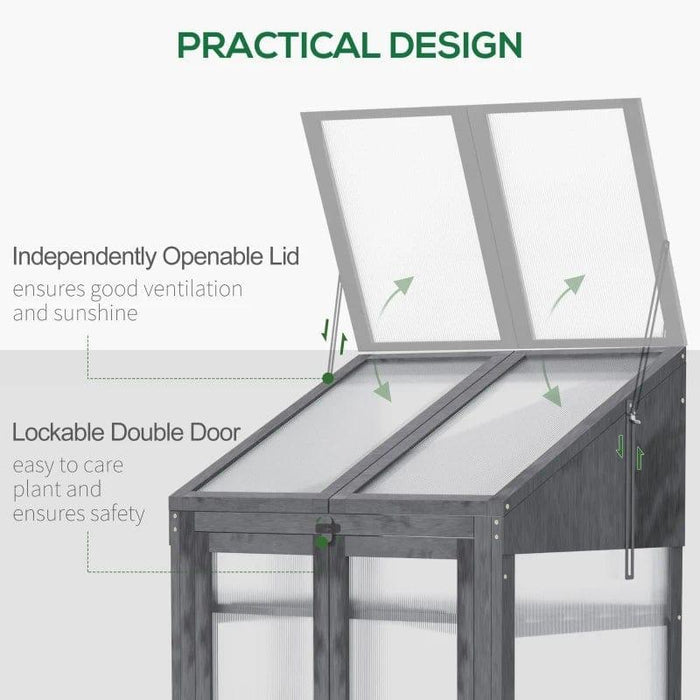 Wooden Cold Frame Polycarbonate Greenhouse with Openable Top Cover and Double Door Grow House for Flower, Vegetable and Plants - Little and Giant Explorers Outsunny