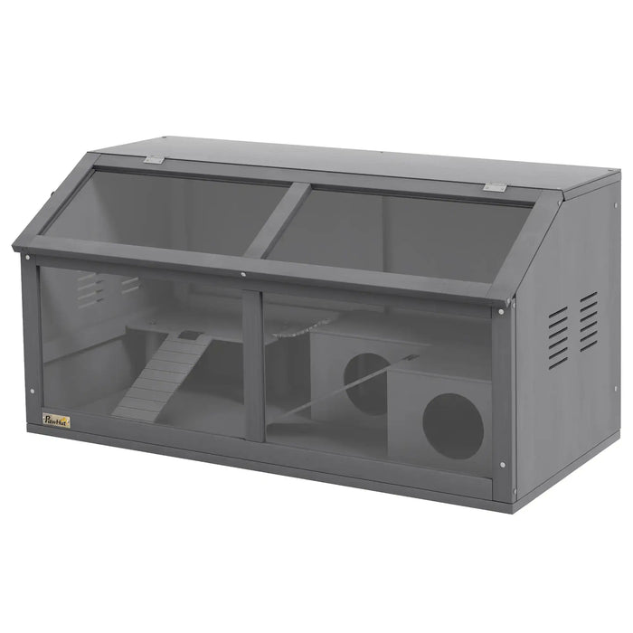 Wooden Hamster Cage – Grey | Suspension Bridge, Platform, Hut and Ladders PAWHUT - Little and Giant Explorers PawHut