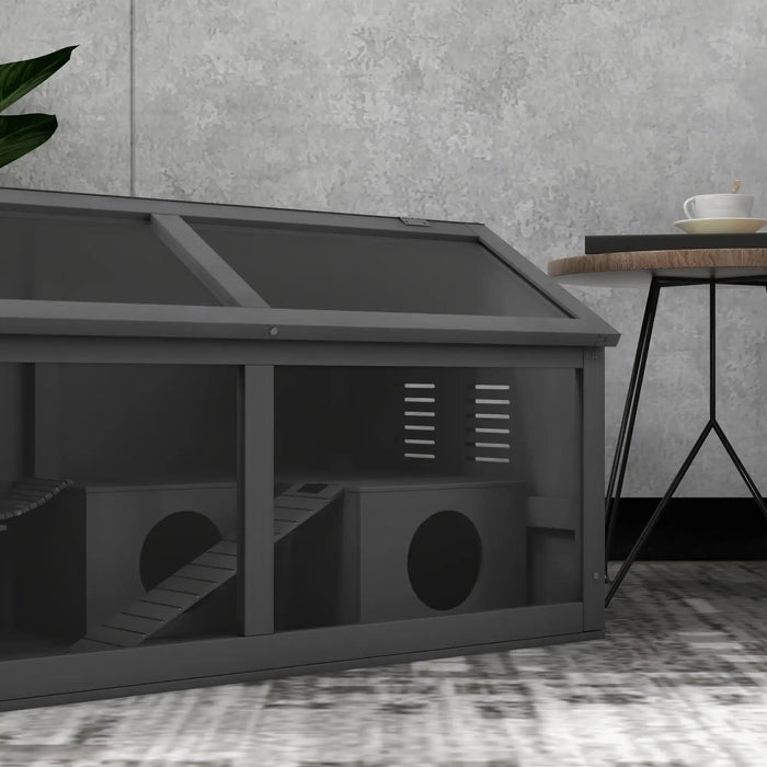 Wooden Hamster Cage – Grey | Suspension Bridge, Platform, Hut and Ladders PAWHUT - Little and Giant Explorers PawHut