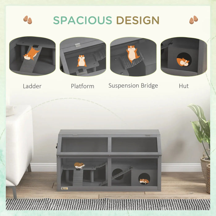 Wooden Hamster Cage – Grey | Suspension Bridge, Platform, Hut and Ladders PAWHUT - Little and Giant Explorers PawHut