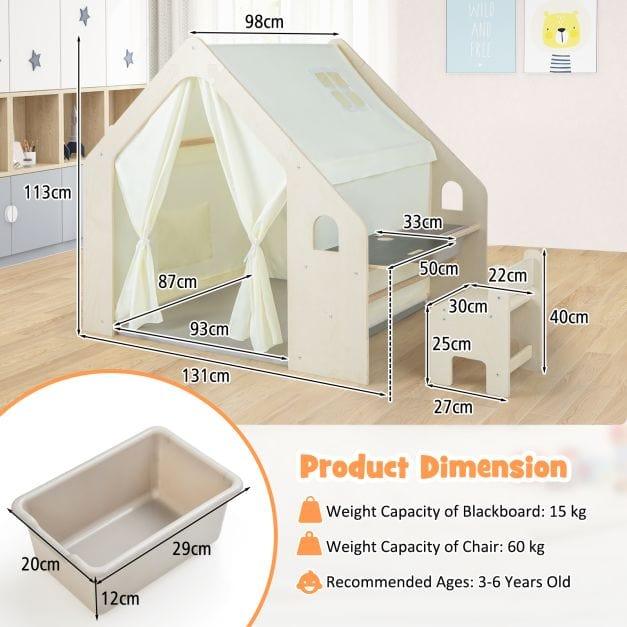 Wooden Indoor Playhouse with Attached Table, Blackboard and Chair - Little and Giant Explorers Costway