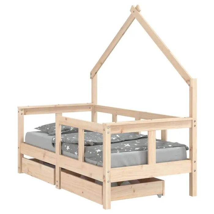 Wooden Kids Bed Frame Untreated 70x140cm | House Design with Storage Drawer - Little and Giant Explorers vidaXL